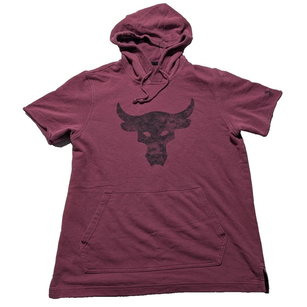UNDER ARMOUR Project Rock - Men Medium Burgundy Bull Short Sleeve Terry Hoodie